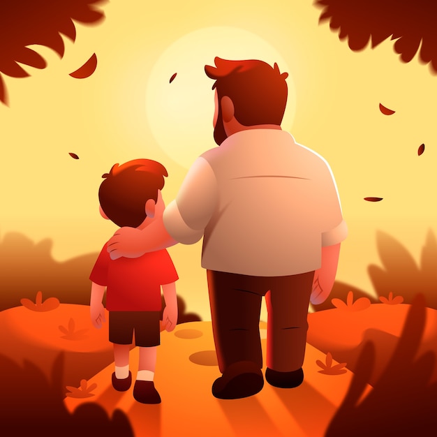 Padre e hijo caminando hacia la puesta de sol