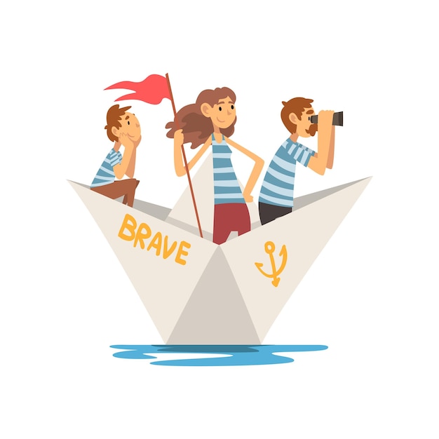 Vector padre e hijo en camisetas a rayas en bote en el lago del río o el estanque ilustración vectorial de barco de papel familiar en fondo blanco