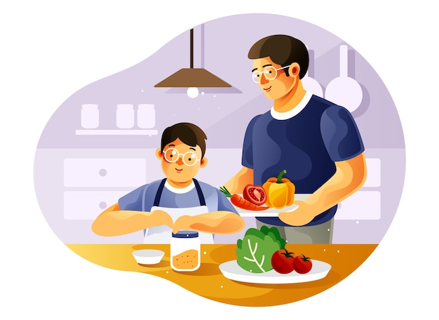 Vector padre e hijo cocinan juntos en la cocina