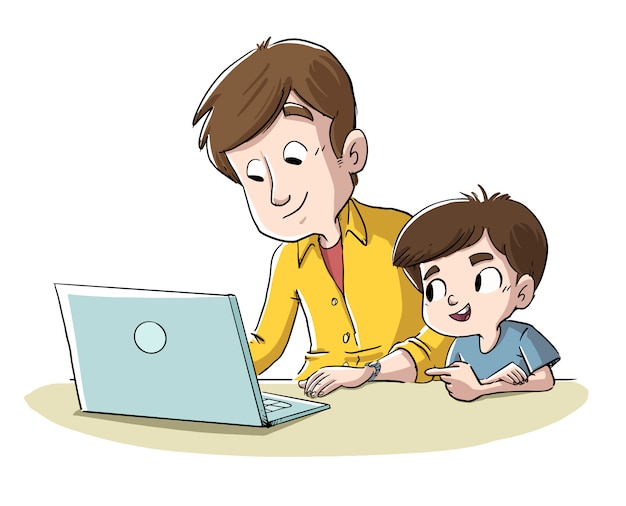 Padre e hijo con computadora | Vector Premium Padre e hijo con computadora | Vector Premium