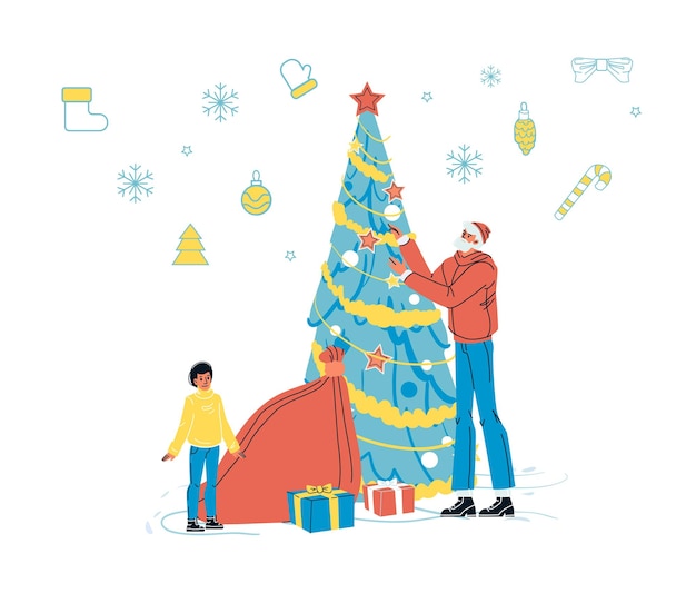 Padre e hijo decorando abeto de Navidad con adorno. Familia feliz y felices fiestas navideñas.