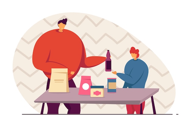 Padre e hijo desempacando comestibles en casa después de ir de compras. Hombre que sostiene la botella, niño comprobando el recibo, productos en la ilustración de vector plano de mesa. Compras, concepto de familia para banner, diseño de sitios web