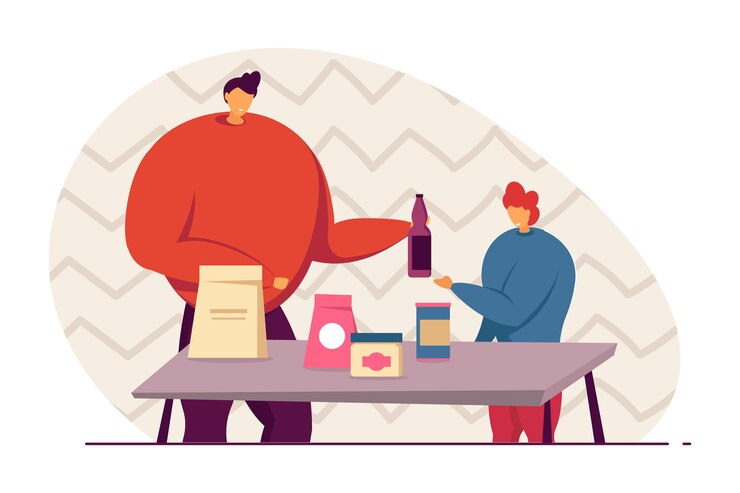 Vector padre e hijo desempacando comestibles en casa después de ir de compras. hombre que sostiene la botella, niño comprobando el recibo, productos en la ilustración de vector plano de mesa. compras, concepto de familia para banner, diseño de sitios web