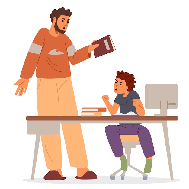 Padre e hijo discutiendo por los deberes en casa.