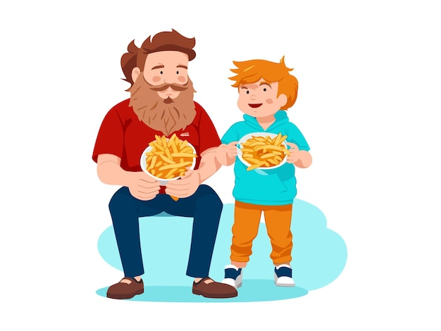 Vector padre e hijo diseñando ilustraciones de comida rápida