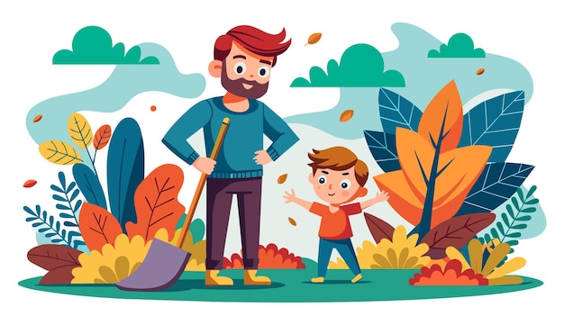 Padre e hijo disfrutando de la ilustración vectorial de actividades al aire libre de la temporada de otoño.