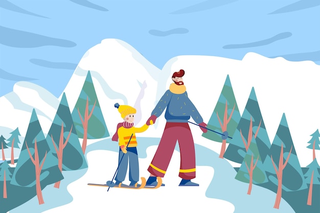 Vector padre e hijo esquiando en la estación de esquí en el paisaje de fondo, papá e hijo pasan tiempo juntos haciendo