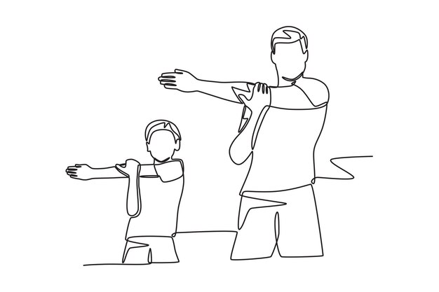 Padre e hijo están estirándose Padre e hijo ejercitan concepto de dibujo en línea