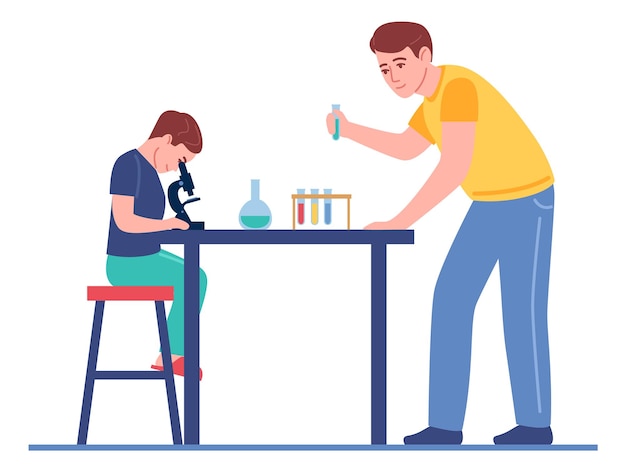 Padre e hijo estudiando química juntos aprendizaje familiar