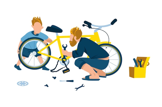 Vector padre e hijo felices juntos ilustración vectorial papá y niño reparando bicicleta cerca de casa de campo al aire libre en verano infancia