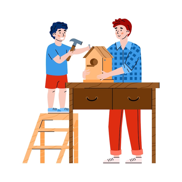 Vector padre e hijo haciendo pajarera en el taller de carpintería una ilustración vectorial