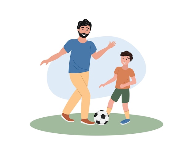 Padre e hijo jugando al fútbol Papá niño y pelota de fútbol en el césped Actividades familiares de verano al aire libre Día del padre Ilustración vectorial plana