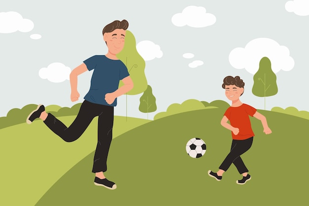 Padre e hijo jugando al fútbol tiempo en familia crianza de los hijos e infancia día del padre