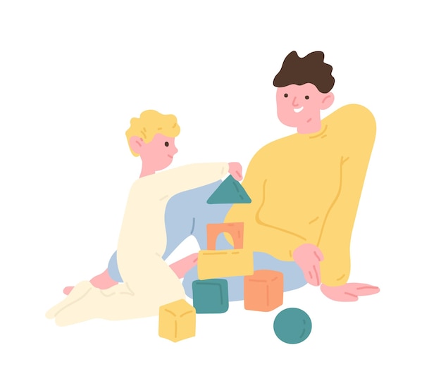 Padre e hijo jugando con bloques de construcción de juguete o kit de construcción. Papá e hijo pasan tiempo juntos en casa. Padre e hijo disfrutan de actividades de ocio. Ilustración de vector colorido de dibujos animados plana.
