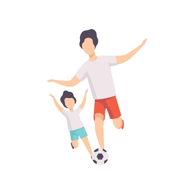 Padre e hijo jugando fútbol papá y su hijo divirtiéndose juntos vector ilustración aislada sobre fondo blanco