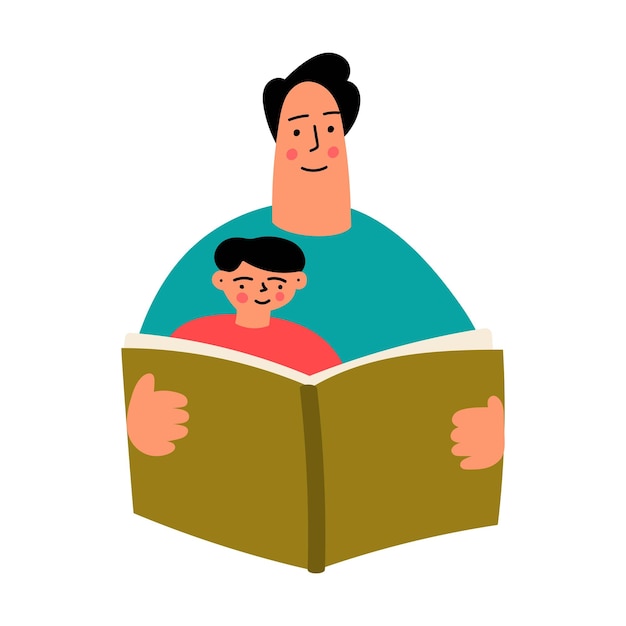 Padre e hijo leyendo un libro Ilustración vectorial dibujada a mano sobre fondo blanco