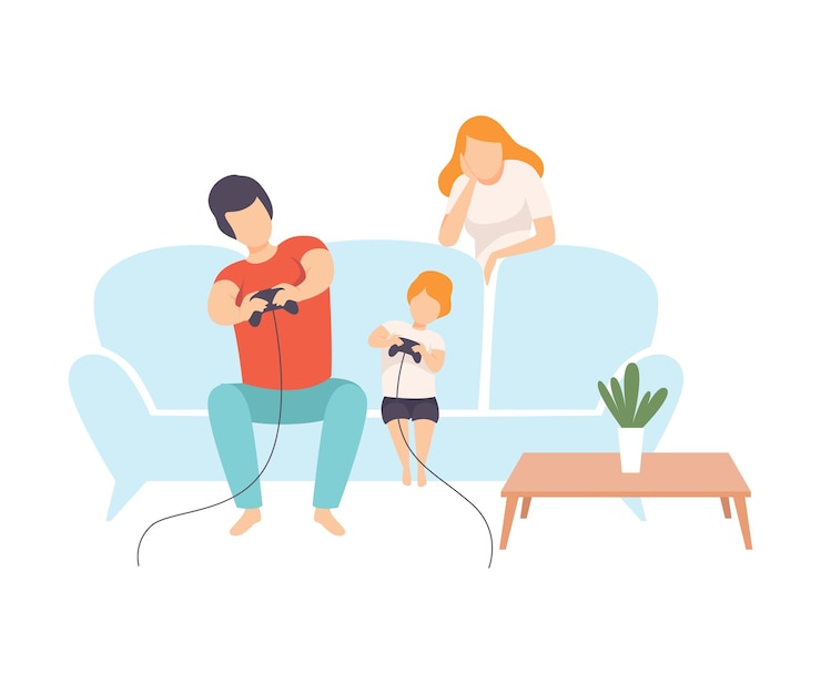 Vector padre e hijo sentados en el sofá y jugando videojuegos juntos familia vida cotidiana en casa ilustración vectorial sobre fondo blanco