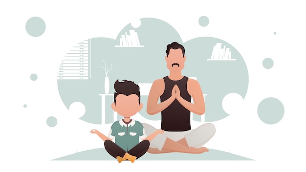 Padre e hijo se sientan en la posición de loto Yoga Estilo de dibujos animados