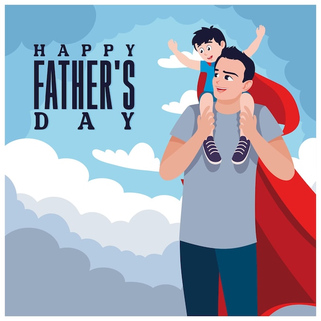 Padre e hijo con trajes de superhéroes Padre lleva a su hijo en sus hombros concepto del Día del Padre Ilustración vectorial plana