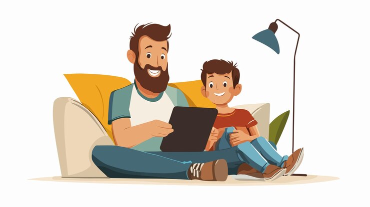 Vector padre e hijo usando una tableta digital juntos