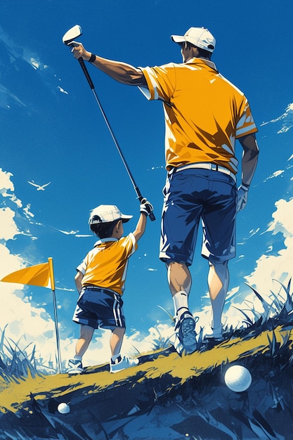 Vector padre e hijos jugando al golf en miniatura en el día del padre