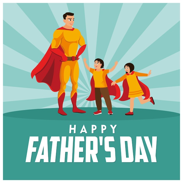 Padre e hijos llevan trajes de superhéroes Padre e hijo están jugando juntos concepto del Día del Padre Ilustración vectorial plana