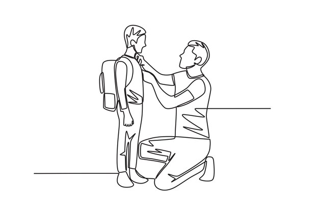 El padre endereza la ropa de los niños antes de ir a la escuela.