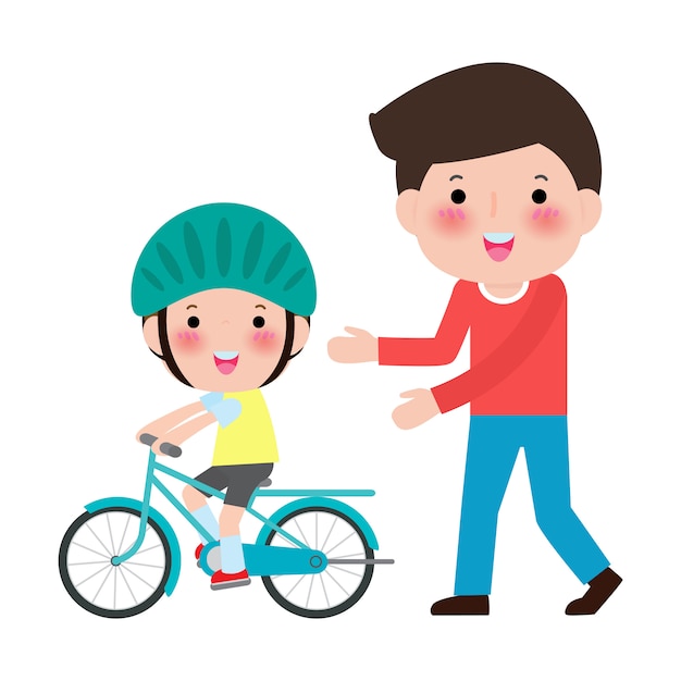 Padre le enseña a su hijo a andar en bicicleta. el niño aprende a andar en bicicleta. parenting la primera bicicleta. ilustración aislada en blanco.