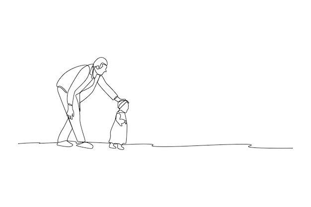 Padre enseñando a su hija a caminar afuera simple dibujo de línea continua de familia feliz concepto minimalista vacaciones familiares