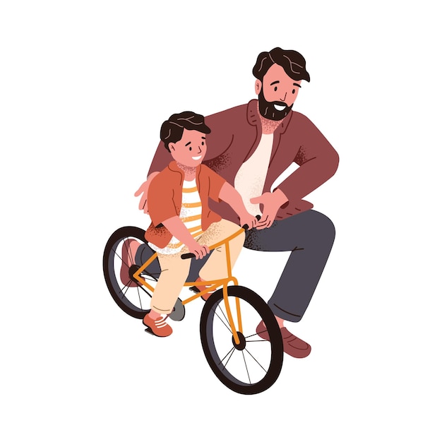 Vector padre enseñando a su hijo a andar en bicicleta niño con bicicleta aprendiendo a andar en bicicleta con la ayuda de papá niño y papá en actividades de ocio al aire libre ilustración de vector plano de padre e hijo aislado en blanco