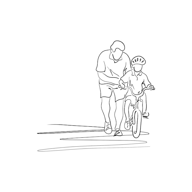padre enseñando a su hijo con casco de seguridad para montar una bicicleta ilustración vectorial boceto dibujado a mano
