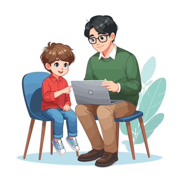 Vector un padre le está enseñando a su hijo algo en una ilustración vectorial de portátil