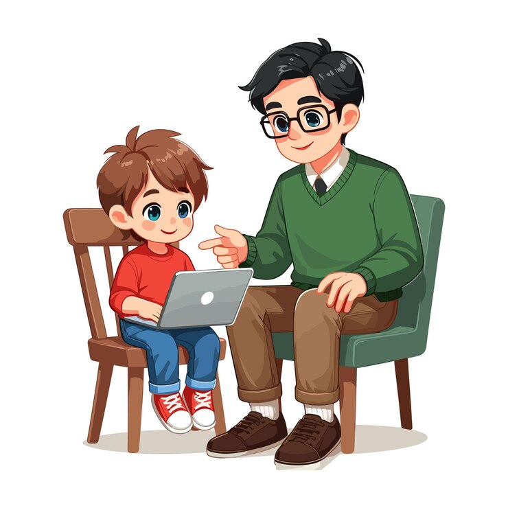 Vector un padre le está enseñando a su hijo algo en una ilustración vectorial de portátil