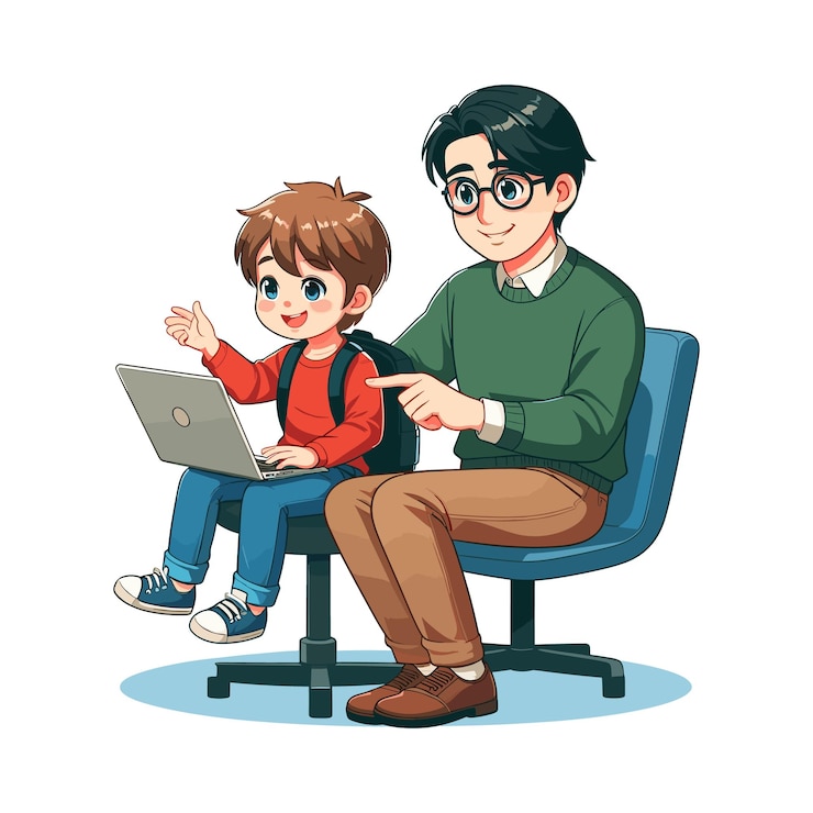 Vector un padre le está enseñando a su hijo algo en una ilustración vectorial de portátil