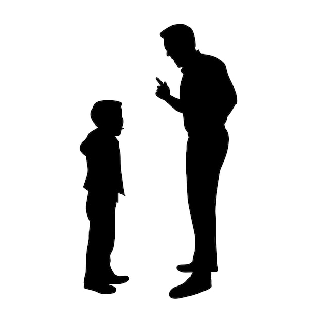 El padre está regañando a su hijo travieso. El padre enojado está enfriando al niño. El padre está instruyendo a su hijo.
