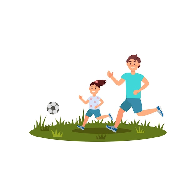 Vector padre feliz jugando al fútbol con su hija en el césped verde tiempo en familia actividad al aire libre de verano diseño vectorial plano