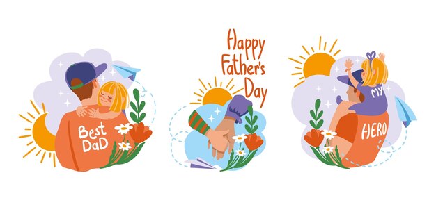 Padre feliz sosteniendo a un niño en sus brazos Día de padres feliz Conjunto de ilustración Vector