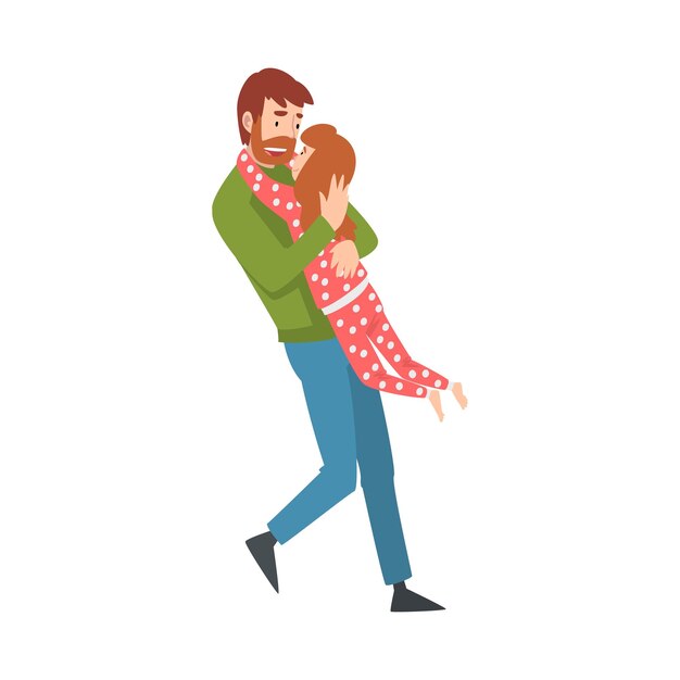 El padre gira con su hija en sus brazos ilustración vectorial de dibujos animados