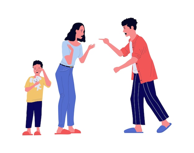 El padre le grita a la madre que protege al niño La disputa familiar La protección de las madres del hijo que llora La mujer infeliz El hombre que grita El problema de la relación La comunicación estresada El vector que discute la esposa y el marido