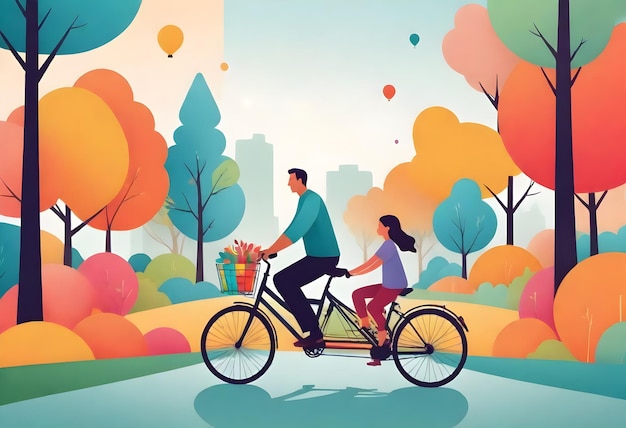 un padre y una hija montando bicicletas con una canasta de flores en el parque
