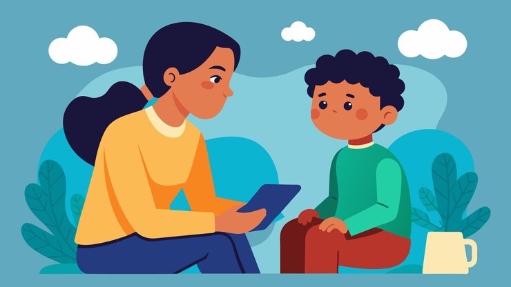Vector un padre y un hijo envueltos en una conversación durante una sesión de terapia que muestra la importancia de