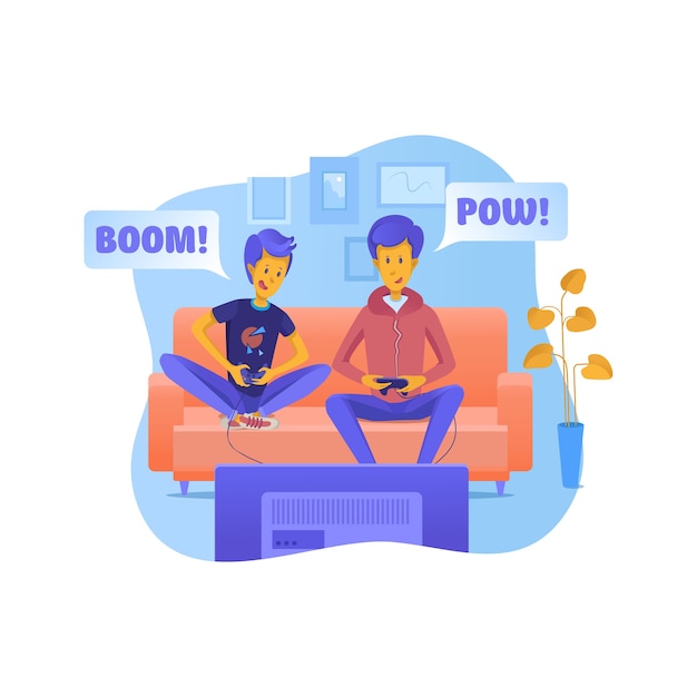 Padre con hijo jugando ilustración de videojuegos. Papá e hijo pasan tiempo juntos. Amigos que tienen batalla en línea. Hermanos sosteniendo imágenes prediseñadas de joysticks. Tiempo libre, pasatiempo. Personajes hermanos