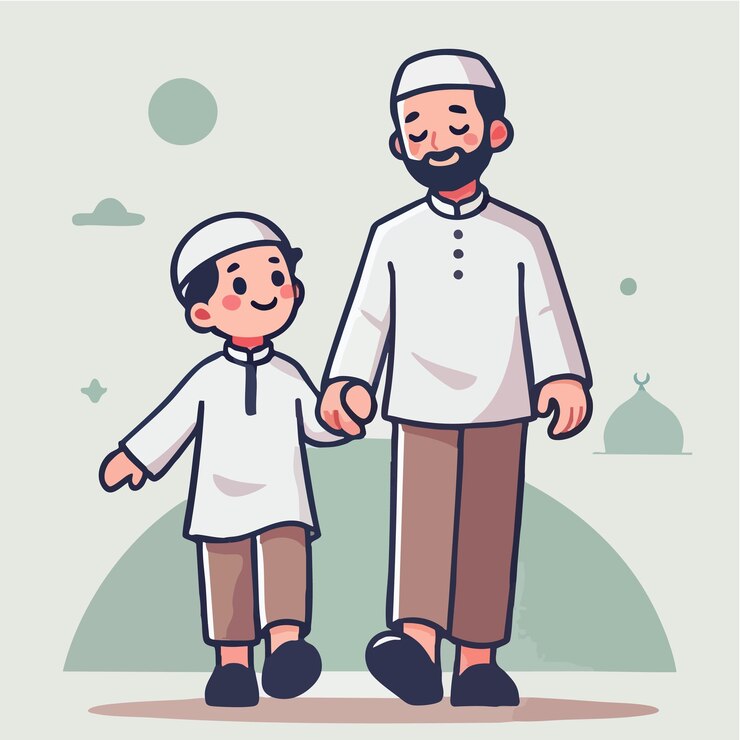 Padre y hijo musulmanes caminando vector