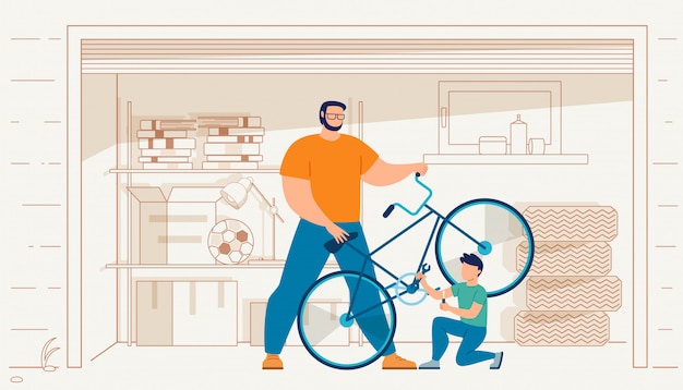 Padre con hijo reparando bicicleta en garaje vector