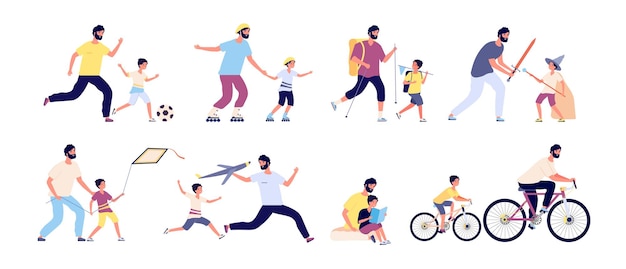 Padre con hijos. Feliz paternidad, papá y los niños que pasan tiempo juntos jugando al fútbol, haciendo senderismo y tomando el sol, pescando el conjunto de vectores. Ilustración padre y pecado andan en bicicleta y juegan
