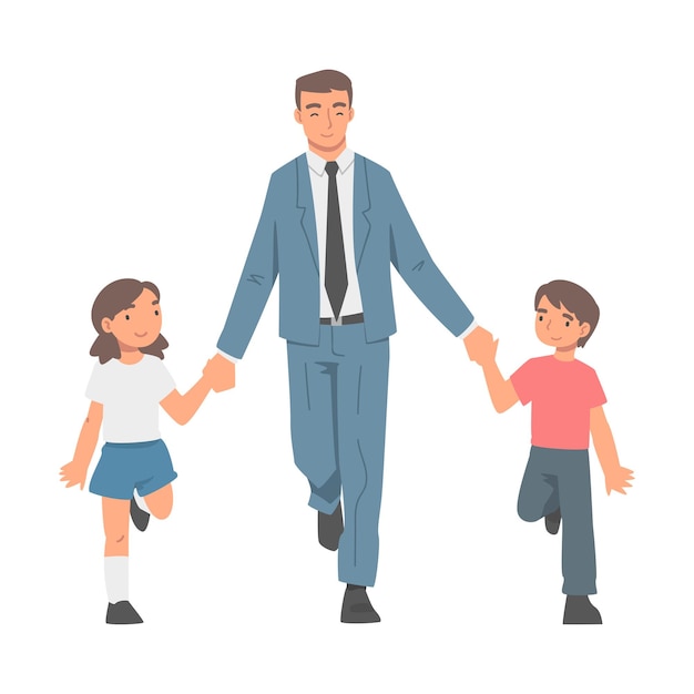 Padre hombre de negocios con traje y corbata sosteniendo las manos de su hijo e hija Ilustración vectorial