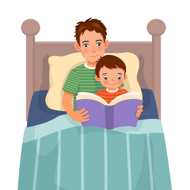 Vector padre joven leyendo un libro de cuentos antes de dormir a su hijo en la cama