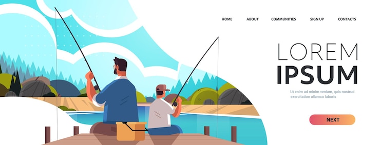 Vector padre joven que pesca con el concepto de paternidad de la crianza del hijo papá enseñando a su hijo a pescar en el fondo del paisaje de la naturaleza del lago ilustración de vector de espacio de copia horizontal de longitud completa