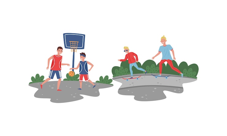 Vector padre joven y su hijo jugando al baloncesto y al patinaje