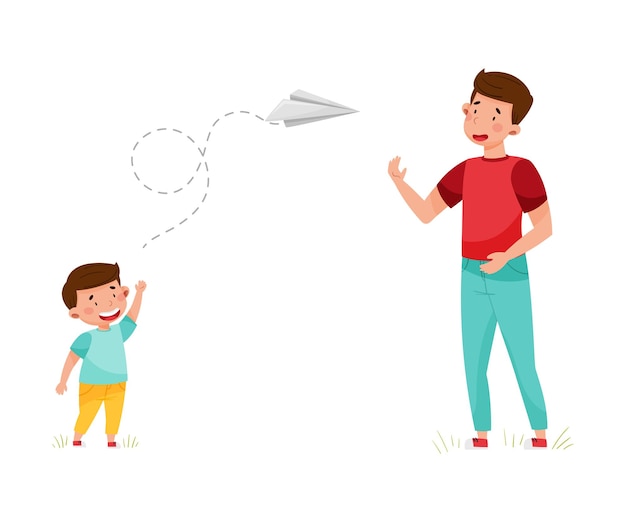 Padre joven y su hijo volando en un avión de papel Ilustración vectorial